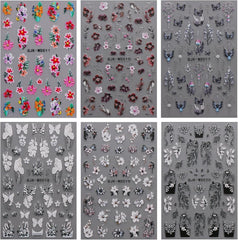 JMEOWIO Nagelsticker Schwarz Weiße Blume 6 Blatt Nail Art Sticker Selbstklebend Nagelaufkleber Frühling Sommer Floral Dekoration Nageldesign Zubehör