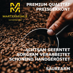Boabe de espresso Martermühle Cioccolato 500g Tare | Arabica/Robusta | Arome: Nuci de macadamia, ciocolată cu lapte | Boabe de espresso întregi prăjite ușor, aciditate scăzută