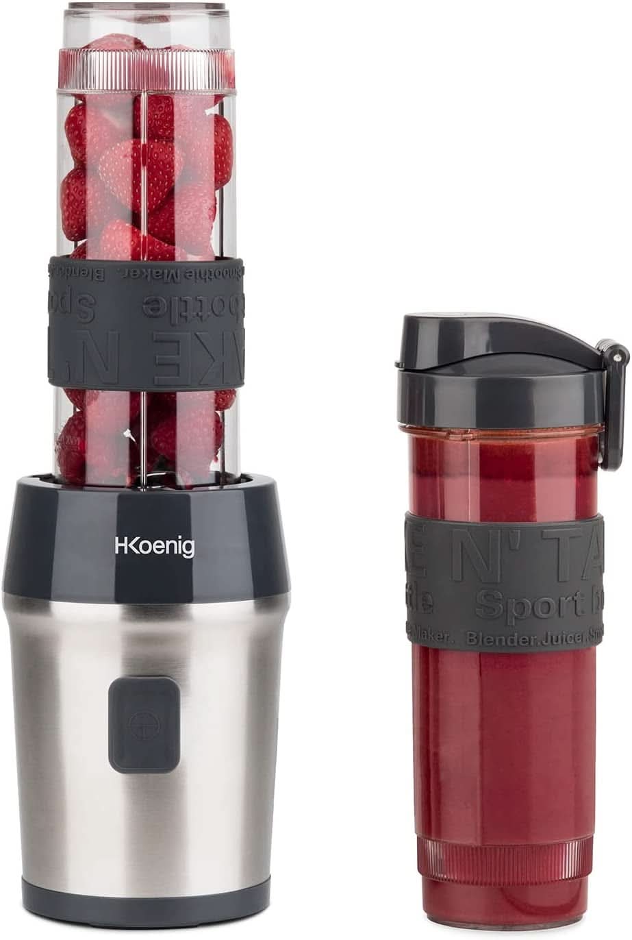 H.Koenig Smoothie Maker SMOO9 - Mini mikser stojący - Mini blender - 300 Watt - 570 ml - Edelstahl - 2 Kunststoffflaschen - Bpa-Frei, Grau Kitchen Naty Shop Grau