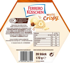 Ferrero Küsschen White Crispy - Prezent na Walentynki dla niego i dla niej - Chrupiące prażone orzechy laskowe w jasnej śmietanie z chrupiącymi chipsami, oblane białą czekoladą, 1 opakowanie 20 pojedynczych pralinek