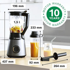 Bosch Standmixer Vitapower Serie 4 MMB6174SN, Verbesserte Version, Hochwertige Edelstahl-Klingen, 1,5L Glasbehälter, 0,6L To-Go-Flasche, Spülmaschinenfeste Teile, 30.000 U/Min, 1200 W, Silber Bucatarie Naty Shop
