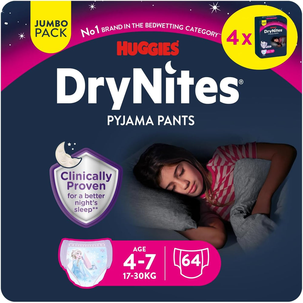 Huggies DryNites Super chłonne pieluchy na noc dla dziewczynek 4-7 lat, 4 x 16 pieluch majtkowych (64 sztuki), opakowanie miesięczne