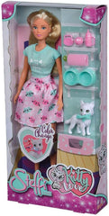 Simba 105733489 - Steffi Love Kitty Love, Puppe in einem modischen Outfit mit süsser Katze mit Essen um den Mund, mit viel Zubehör