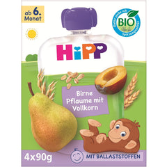 HiPP Organiczne saszetki z gruszkami i śliwkami, pełnoziarniste, 16 sztuk (4 opakowania po 4 x 90 g każde), dla dzieci od 6. miesiąca życia, bez dodatku cukru, wegańskie, najlepszej jakości organicznej
