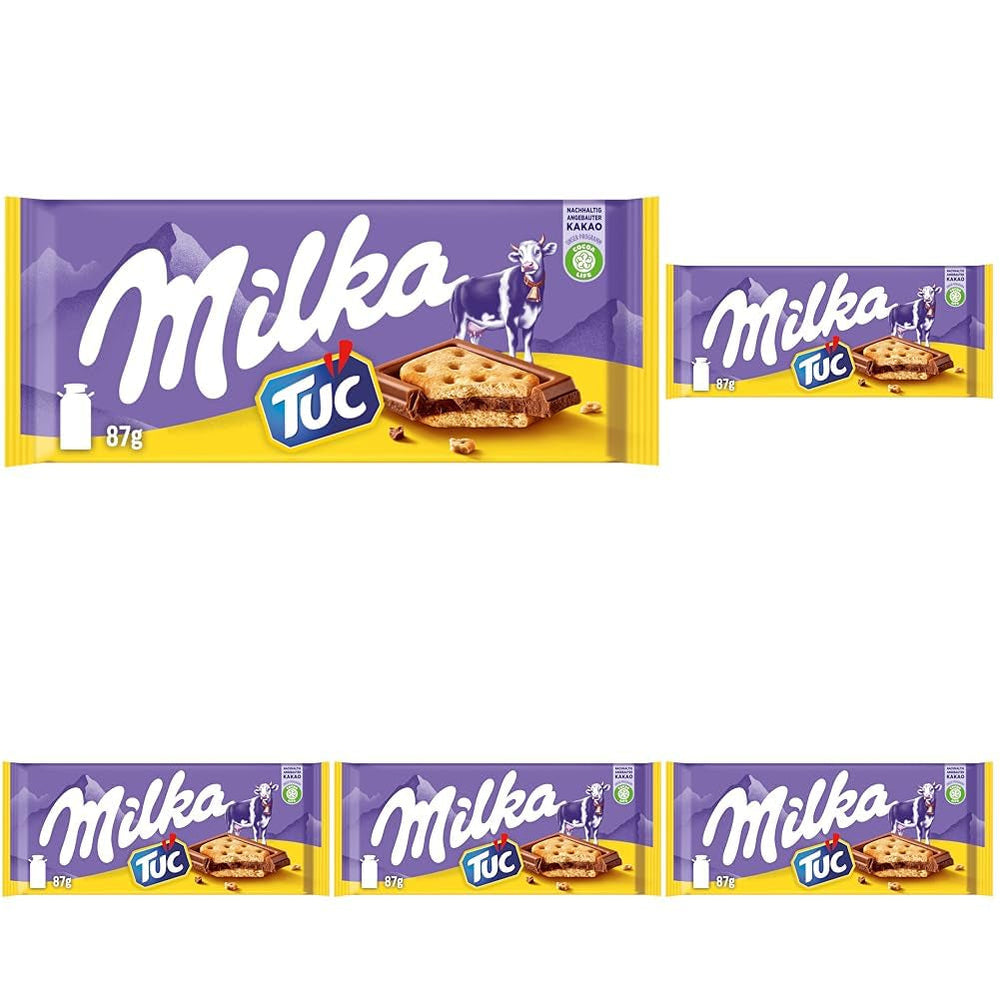 Biscuiți TUC 1 x 87g | Ciocolată cu lapte alpină | cu mini biscuiți cu sare | Ciocolată făcută din 100% lapte alpin | Baton de ciocolată (Pachet de 5)