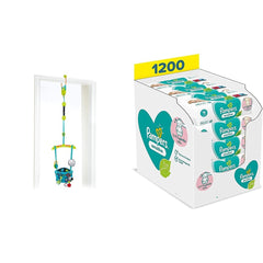 Zestaw zatrzasków do drzwi Bright Starts Deluxe z bezpiecznym i stabilnym klipsem do ramy drzwi oraz chusteczkami Pampers Sensitive Baby, 1200 chusteczek (15 x 80)