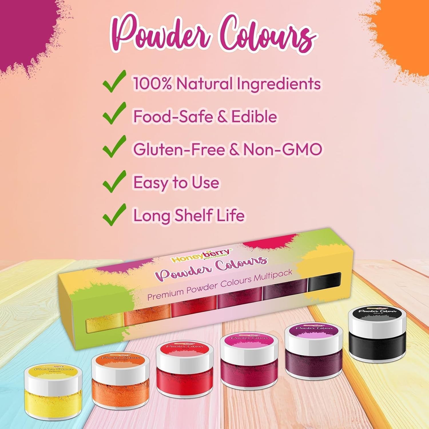 Colorant alimentar natural pudră (6 x 3,5 g) – Pachet multiplu de coloranți comestibili pudră – Culoare foarte concentrată pentru glazură, fondant, decorațiuni pentru torturi și macarons – Sigur pentru alimente și vegan (cald, se fixează)