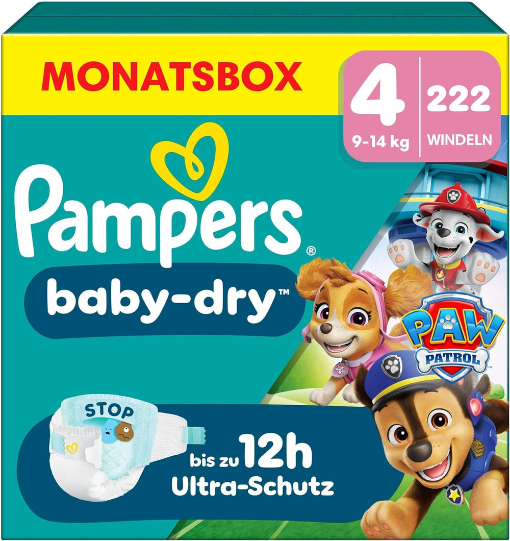 Pieluszki Pampers Baby-Dry Puppy Patrol Edition, rozmiar 4, 222 pieluszki, 9–14 kg, do 100% ochrony przed wyciekami i komfortu przez całą noc