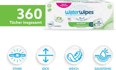 WaterWipes Sensitive+ Hydrating Boost Chusteczki nawilżane, Chusteczki nawilżające, 360 sztuk (6 szt.), 3 w 1 Czyszczenie, pielęgnacja, nawilżanie, 99% wody z aloesu, bezzapachowe chusteczki dla dzieci