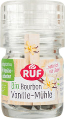 RUF Bio Bourbon Vanille-Mühle, Gewürz-Mühle aus aroma-sicherem Glas, Vegan, Verstellbares Mühlwerk, Vanilleschoten zum Backen und Kochen, 1 x 7,5 g
