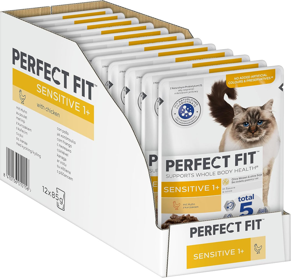 Hrană umedă pentru pisici Perfect Fit Sensitive 1+ cu pui în sos, 12 pliculețe, 12 x 85g – Hrană umedă premium pentru pisici sensibile de la 1 an, fără grâu și soia, pentru a susține digestia