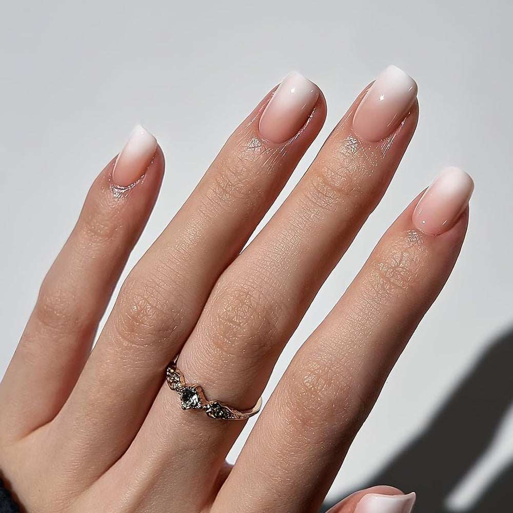 Set unghii false cu adeziv - Unghii false franțuzești - 24 bucăți, design pătrat scurt, gradient alb roz, unghii artificiale, manichiură balerină (gradient roz scurt)