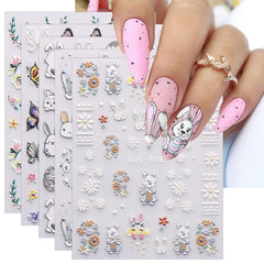 JMEOWIO 6 Blatt 3D Nagelsticker Ostern Nail Art Sticker Selbstklebend Nagelaufkleber 5D Stereoskopisch Süßer Hase Ei Dekoration Nageldesign Zubehör
