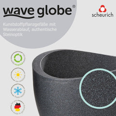 Ghiveci Scheurich Wave Globe, din plastic, granit negru, diametru 30 cm, înălțime 22 cm, volum 19 l.