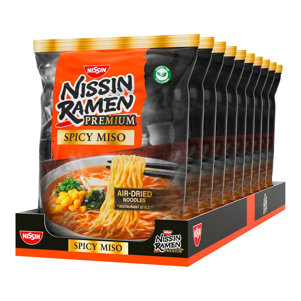Nissin Ramen Premium - Miso Spicy 10 sztuk makaronu instant suszonego na powietrzu w stylu japońskim do ramenu „w stylu restauracyjnym” o lekko pikantnym smaku płatków miso i wakame (10 x 90,7g)