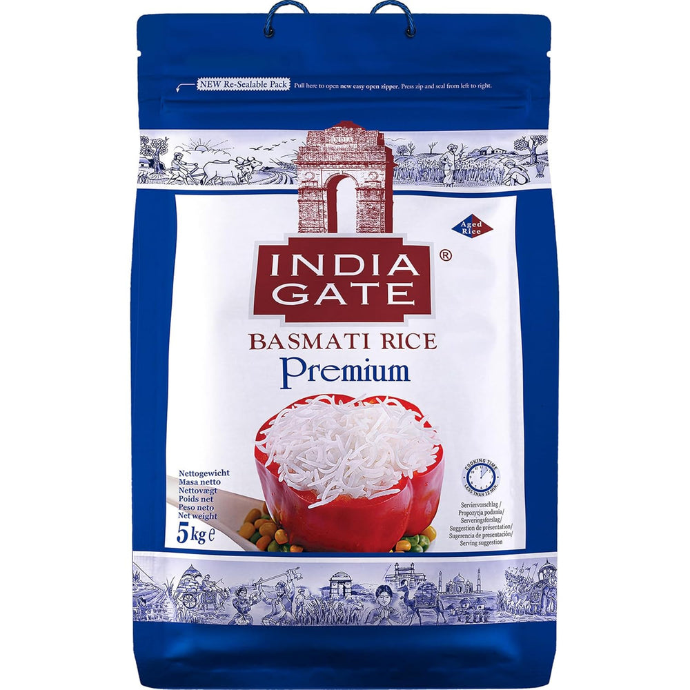 INDIA GATE Premium Basmati Rice – Długoziarnisty drobnoziarnisty, aromatyczny ryż z Indii, drobnoziarnisty długoziarnisty (1 x 5 kg)