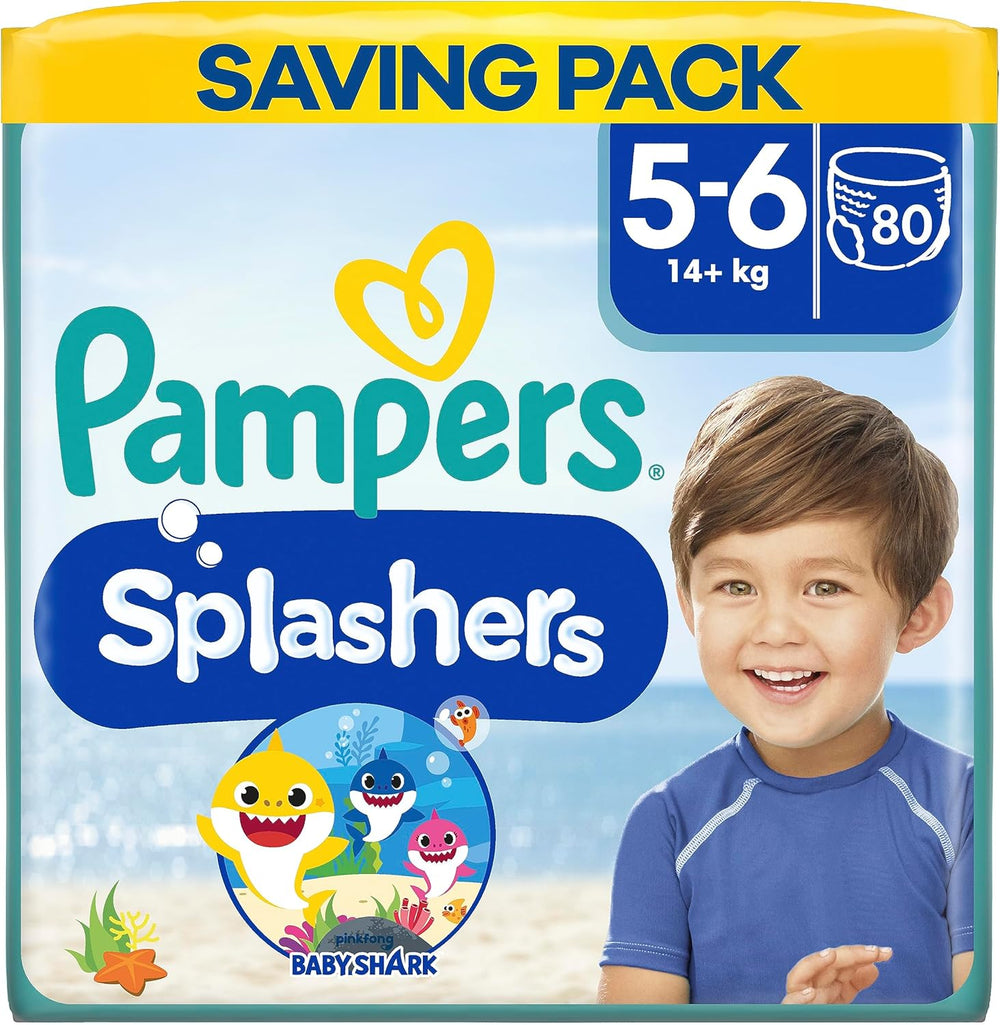 Pampers (stara wersja), Splashers Jednorazowe spodenki kąpielowe – Rozmiar 5/6 (14 kg+) – Pudełko zawierające 8 opakowań po 10 sztuk