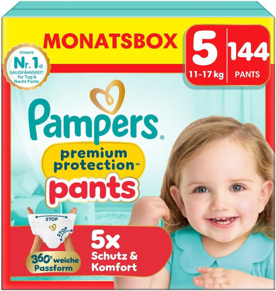 Spodnie Pampers Premium Protection rozmiar 5, 144 pieluszki, 11 kg - 17 kg, z regulacją 360° i miękkimi mankietami zapobiegającymi wyciekaniu dla optymalnego komfortu i ochrony
