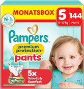 Spodnie Pampers Premium Protection rozmiar 5, 144 pieluszki, 11 kg - 17 kg, z regulacją 360° i miękkimi mankietami zapobiegającymi wyciekaniu dla optymalnego komfortu i ochrony