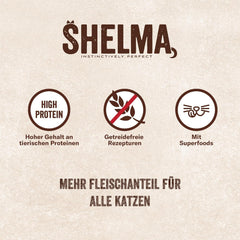 Hrană umedă pentru pisici Shelma cu curcan în sos cu roșii și ierburi – Hrană completă fără cereale cu conținut ridicat de carne – 28 x 85 g (2,38 kg)