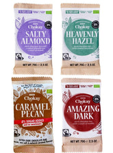 Organic Bar - 4-częściowy zestaw próbników/Amazing Black, orzech laskowy, karmel pekan, solony migdał/bez dodatku cukru, bez słodzików/WEGAŃSKI, BEZGLUTENOWY I SPRAWIEDLIWY HANDEL / 4 x 70g