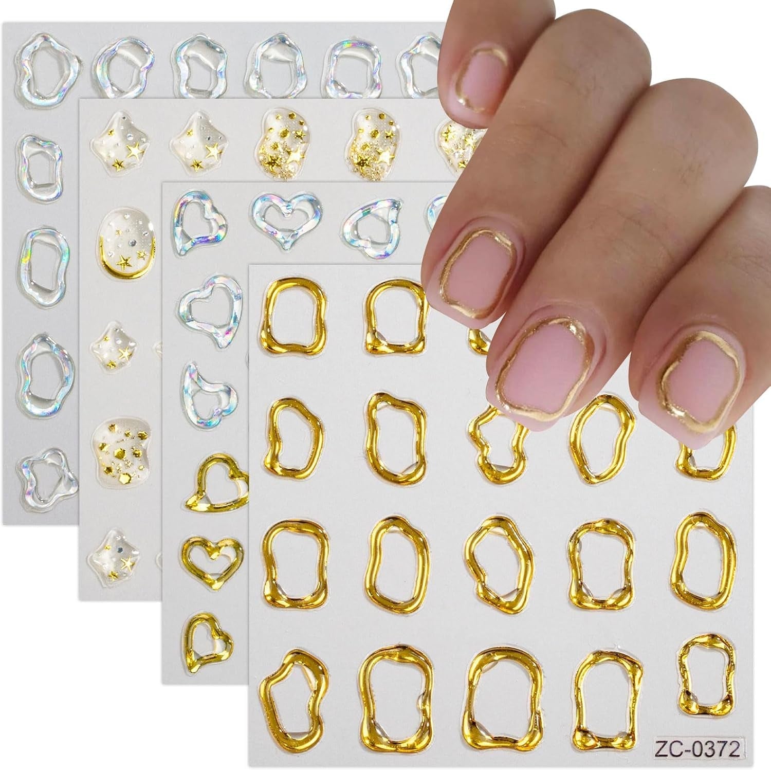 JMEOWIO 6 Blatt 3D Nagelsticker Goldene Unregelmäßige Geometrische Nail Art Sticker Selbstklebend Nagelaufkleber 5D Stereoskopisch Dekoration Nageldesign Zubehör