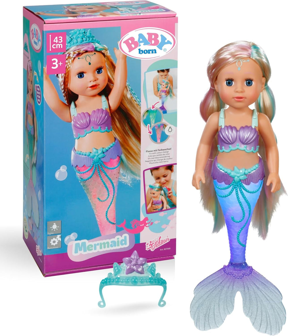 Păpușă BABY Born Mermaid - 43 cm - Păr de înaltă calitate cu șuvițe colorate - Aripioară coadă luminoasă - Funcționează cu baterii - Potrivită pentru copii cu vârsta de 3 ani și peste