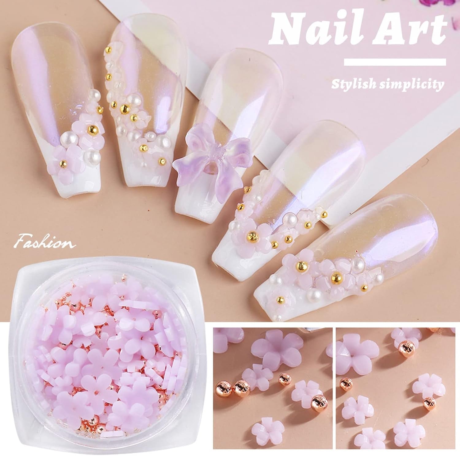 6 Box 3D Blumen Nagelkunst Charms, Acryl Blumen Nagel Strass Mit Gold Und Silberperlen Ornamenten, Nagel Edelsteine, Nagel Zubehör Für Mädchen, Frauen, DIY Nageldesign, Basteldekoration…