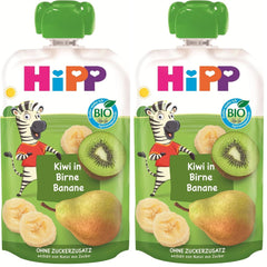 HiPP Bio Quetschie Kiwi w Birne-Banana - Charlie Zebra (8 x 100g), ab 1 Jahr, 100% Fruchtpüree, ohne Zuckerzusatz, wegańskie, w najlepszej Bio-Qualität (Packung mit 2)