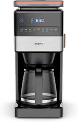 Espressor KRUPS Grind Aroma XL, râșniță conică detașabilă, panou de control digital, capacitate XL (1,5 l), funcție de menținere la cald, carafă din sticlă, negru/oțel inoxidabil, KM842810