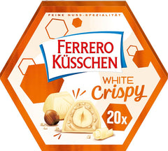 Ferrero Küsschen White Crispy - Prezent na Walentynki dla niego i dla niej - Chrupiące prażone orzechy laskowe w jasnej śmietanie z chrupiącymi chipsami, oblane białą czekoladą, 1 opakowanie 20 pojedynczych pralinek
