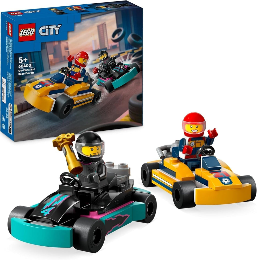 LEGO City Gokarty z kierowcami, 2 minifigurki kierowców i zestaw samochodów wyścigowych, samochody zabawkowe dla 5-letnich chłopców i dziewcząt, fajny prezent dla dzieci 60400 Zestawy do budowania Besuche den LEGO-Store Single