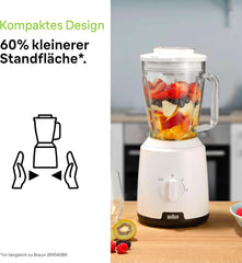 Braun Powerblend 1 JB1050WH - Mikser stojący Mit 1,5 L Glas-Mixaufsatz, Küchenhelfer Zum Zerkleinern, Pürieren & Mixen, Funkcja kruszenia lodu, 2 Geschwindigkeiten, 600 Watt, Weiß Kitchen Naty Shop