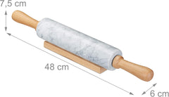 Relaxdays Nudelholz Marmor, Griffe aus Holz, Teigroller zum Kochen & Backen, mit Ablage, 48 cm, schwere Backrolle, biały