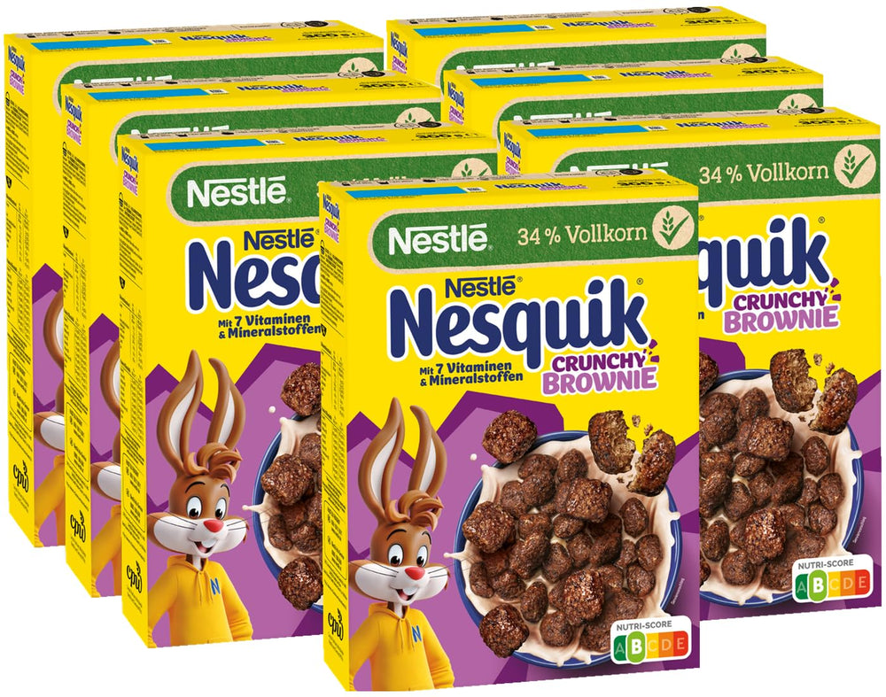Nestlé NESQUIK Crunchy Brownie, chrupiące płatki śniadaniowe z kawałkami czekolady i innowacyjnym kształtem zapewniającym dodatkową chrupkość, opakowanie 7 szt. (7 x 300 g)