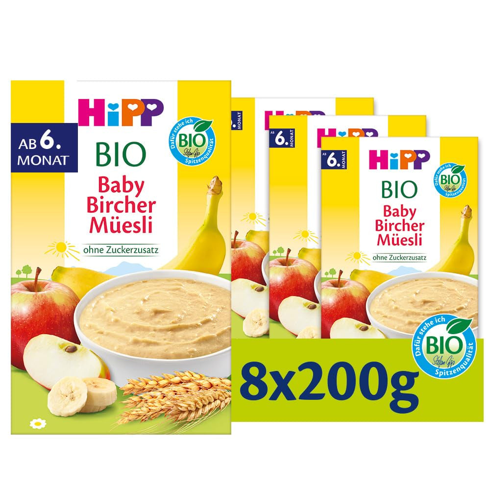 HiPP Organic Baby Bircher Muesli (8 x 250g), od 6 miesiąca życia, bez dodatku cukru, wyjątkowo delikatne płatki zbożowe - lekkostrawne śniadanie najwyższej jakości organicznej