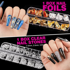 FANDAMEI 54 Blätter Wassertransfer Nagelsticker & Nail Art Pinsel Set, Dotted Pens, Blattgold Für Nagelkunst, Streifenband, Strasssteine, Werkzeug Und Dekorationen Set Für Nagelkunst Maniküre Set