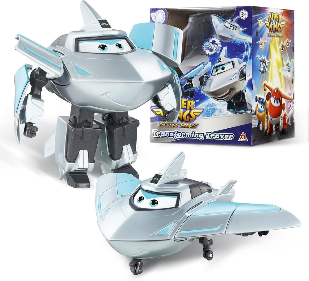 Samolot transformacyjny Super Wings z doładowaniem, ok. 12,7 cm duża figurka dla dzieci zabawka samolot i figurka robota dla chłopców i dziewcząt powyżej 3 lat srebrne figurki Naty Shop Traver