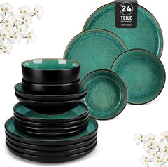 Set de veselă pentru 6 persoane, set de veselă din gresie Vancasso PLAYA, 24 de piese pentru 6 persoane, verde, inclusiv farfurii, farfurii de sumă, boluri și farfurii de salată, potrivit pentru mașina de spălat vase și cuptorul cu microunde