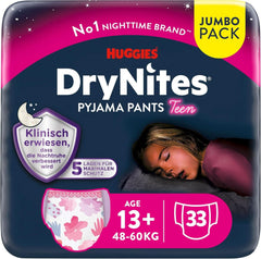 Huggies Drynites Nachtwindeln Bei Bettnässen, Für Mädchen Ab 13 Bis Ca. 17 Jahre (48-60 KG), 33 Stück (3X11), Jumbo-Monatspack, Pieluszki-Majtki XL Akcesoria Żywność i karmienie piersią Baby Naty Shop
