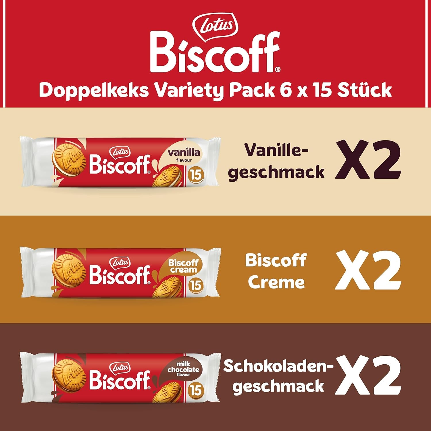 Lotus Biscoff | Pachet Variat de Biscuiți Dubli | 3 Varietăți | 2 Pachete per Varietate | 15 Biscuiți Dubli per Pachet | Ingrediente de Origine Naturală | Fără Coloranți | 6 x 150g | 900g