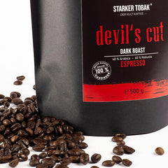 DEVIL'S CUT Espresso prăjit intens 500g, boabe întregi, 40% Arabica - 60% Robusta, proaspăt prăjit manual, aciditate subtilă - aromă puternică, ideal pentru Café Solo, Cortado, Galão, are gust de sărbătoare