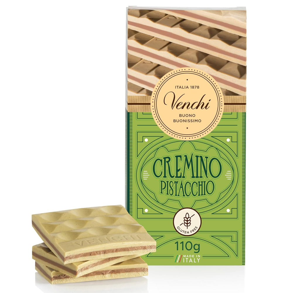 Venchi - Cremino Pistachio Bar, 110g, tabliczka mlecznej i białej czekolady z pastą pistacjową, trzywarstwowa receptura o śródziemnomorskich smakach, bezglutenowa, bez sztucznych barwników