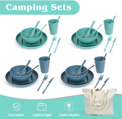 Set de veselă de camping cu 53 de piese pentru 4 persoane, veselă de camping indestructibilă pentru 4 persoane, set de veselă din plastic ușor cu geantă de transport, farfurii și boluri stivuibile, veselă de picnic pentru grătar și grădină