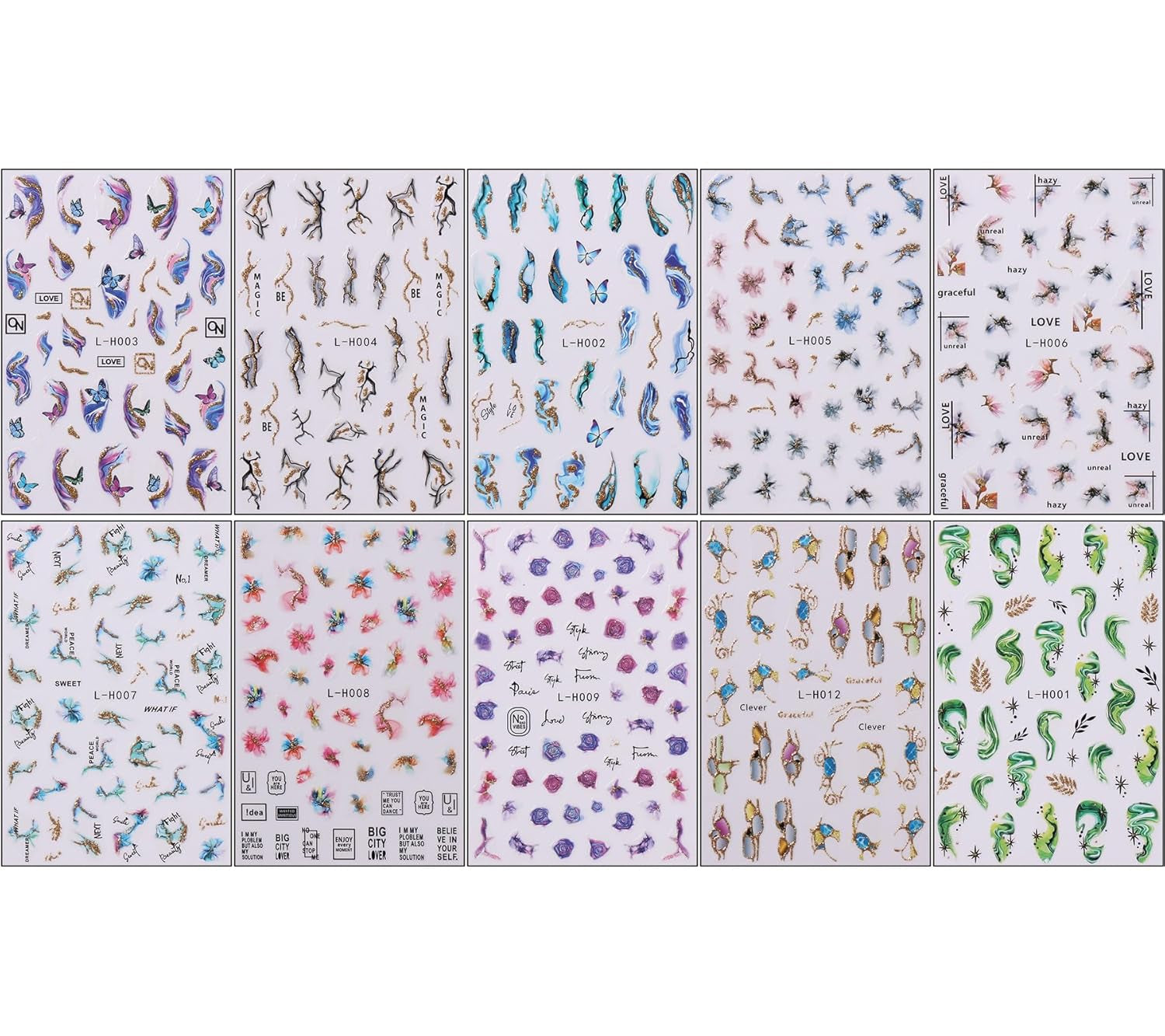 JMEOWIO Nagelsticker Marmor Französische Spitze 10 Blatt Nail Art Sticker Selbstklebend Nagelaufkleber Bunt Dekoration Nageldesign Zubehör