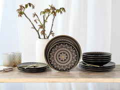 CreaTable, 23588, seria MANDALA GOLD - Negru, set de veselă cu 12 piese, set de farfurii din gresie, potrivit pentru mașina de spălat vase și cuptorul cu microunde, producție de calitate