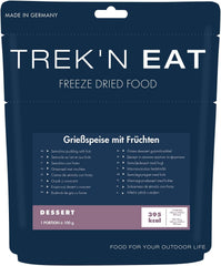 Trek'n Eat Owocowy pudding z semoliny — kremowy owocowy deser z kaszy manny na zajęcia na świeżym powietrzu, piesze wycieczki i artykuły pierwszej potrzeby | Gotowy budyń z kaszy manny z wodą, o długim terminie przydatności do spożycia, bez dodatków