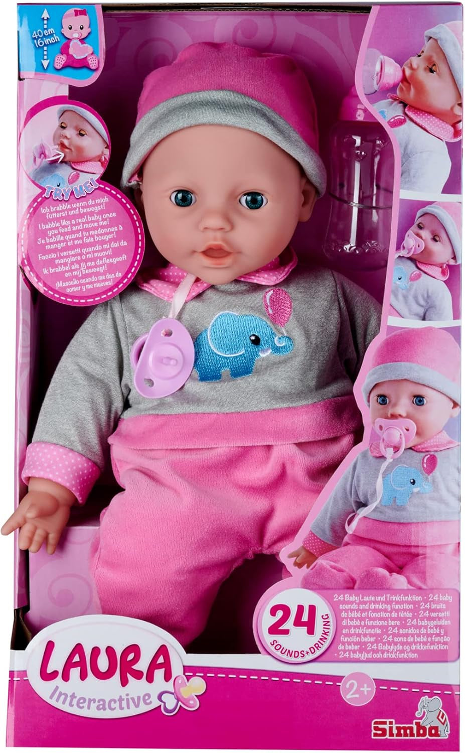 Simba 105140066 - Laura Interactive, lalka o miękkim ciele, zaspanych oczach, gaworząca podczas ruchu, pije z butelki i śpi, 40cm, lalka od 2 lat Naty Shop Dolls Tytuł domyślny