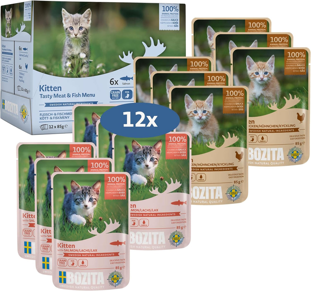 Bozita Nassfutter Häppchen in Sauce mit Fisch und Fleisch - 12x85g Portionsbeutel getreidefreies & weizenfreies Futter für Katzen - Katzennassfutter für Adult-Katzen mit 8,5% Protein & 4,5% Fettgehalt