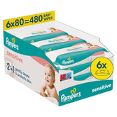 Chusteczki nawilżane Pampers Sensitive, 6 opakowań po 80 chusteczek = 480 chusteczek, bezzapachowe, do delikatnego, delikatnego czyszczenia